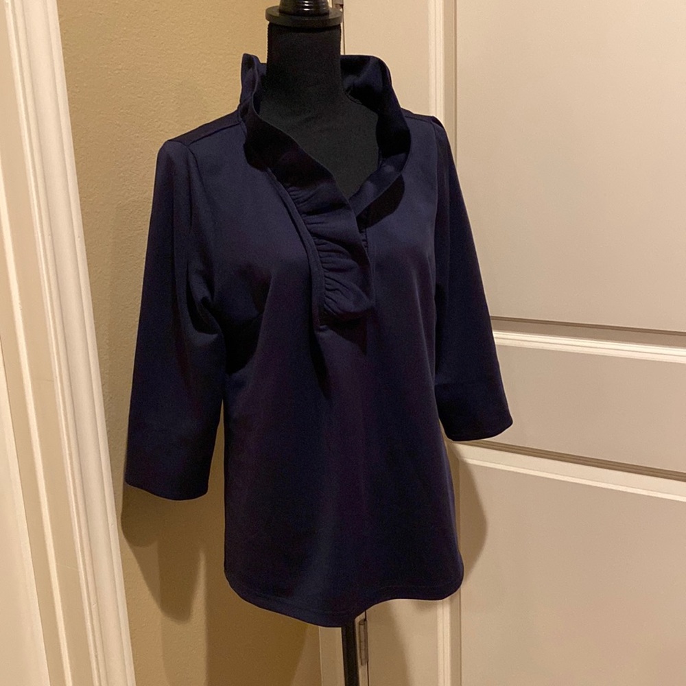 Gretchen Scott Navy Jersey Ruffle top